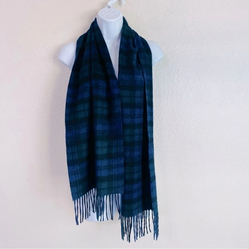 Lochmere Cashmere Navy/Green Tartan Plaid Scarf 12” x 59”